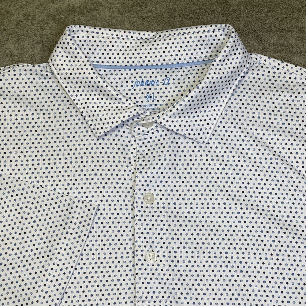 johnnie-O Men's XL Performance Golf Polo Shirt White with Blue Polka Dot Print